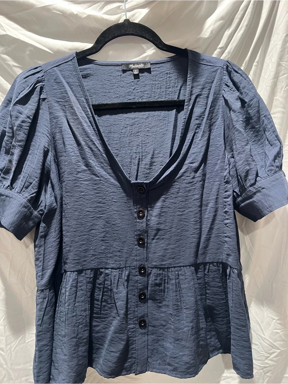 Madewell Slate Blue Button-Front Peplum Blouse